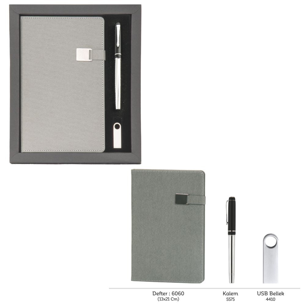 Promosyon Tarihsiz Defter + Roller Kalem + USB Bellek Kutulu Hediyelik Set GT01006