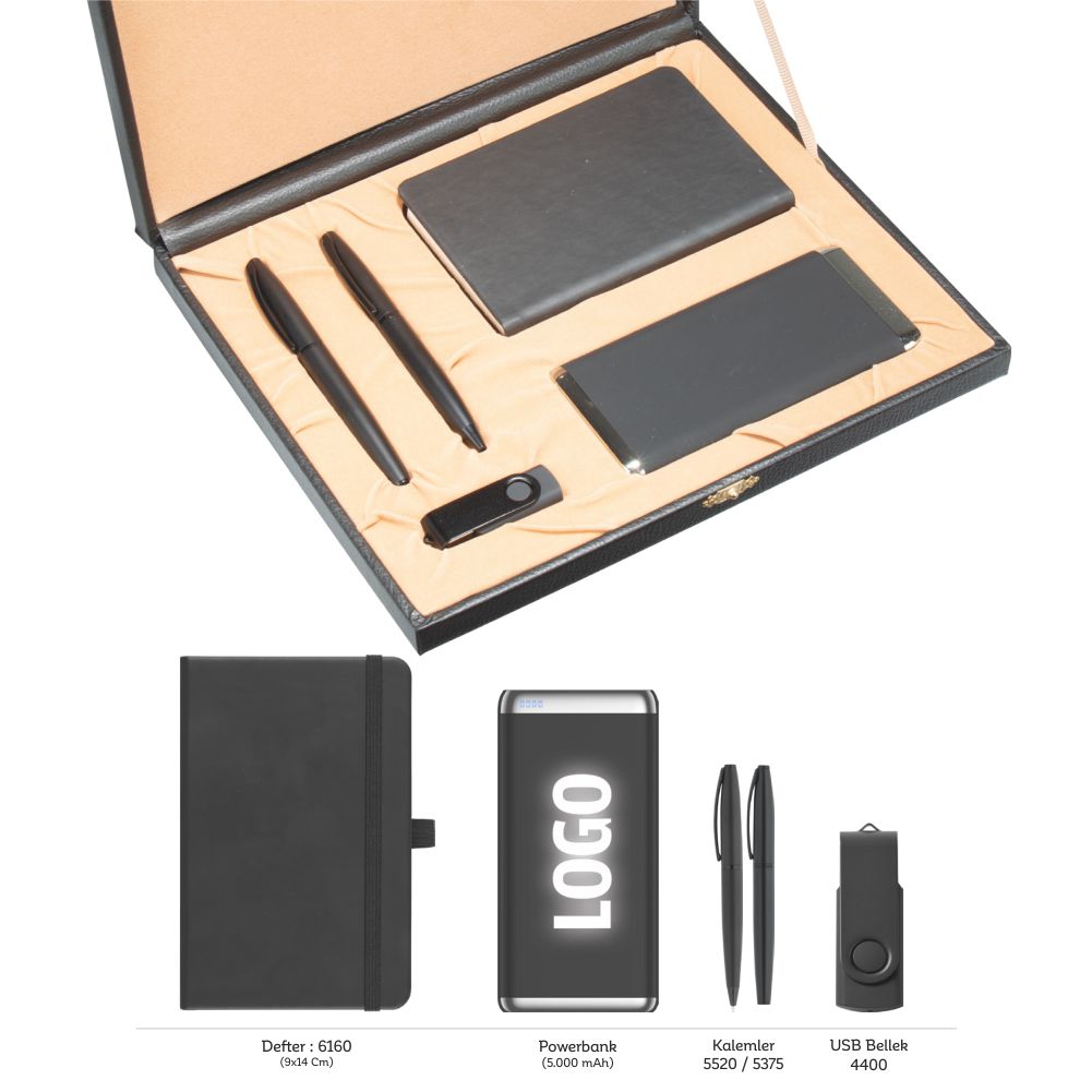 Promosyon Tarihsiz Defter + Roller ve Metal Kalem + Powerbank + Anahtarlık Kutulu Hediyelik Set GT01008