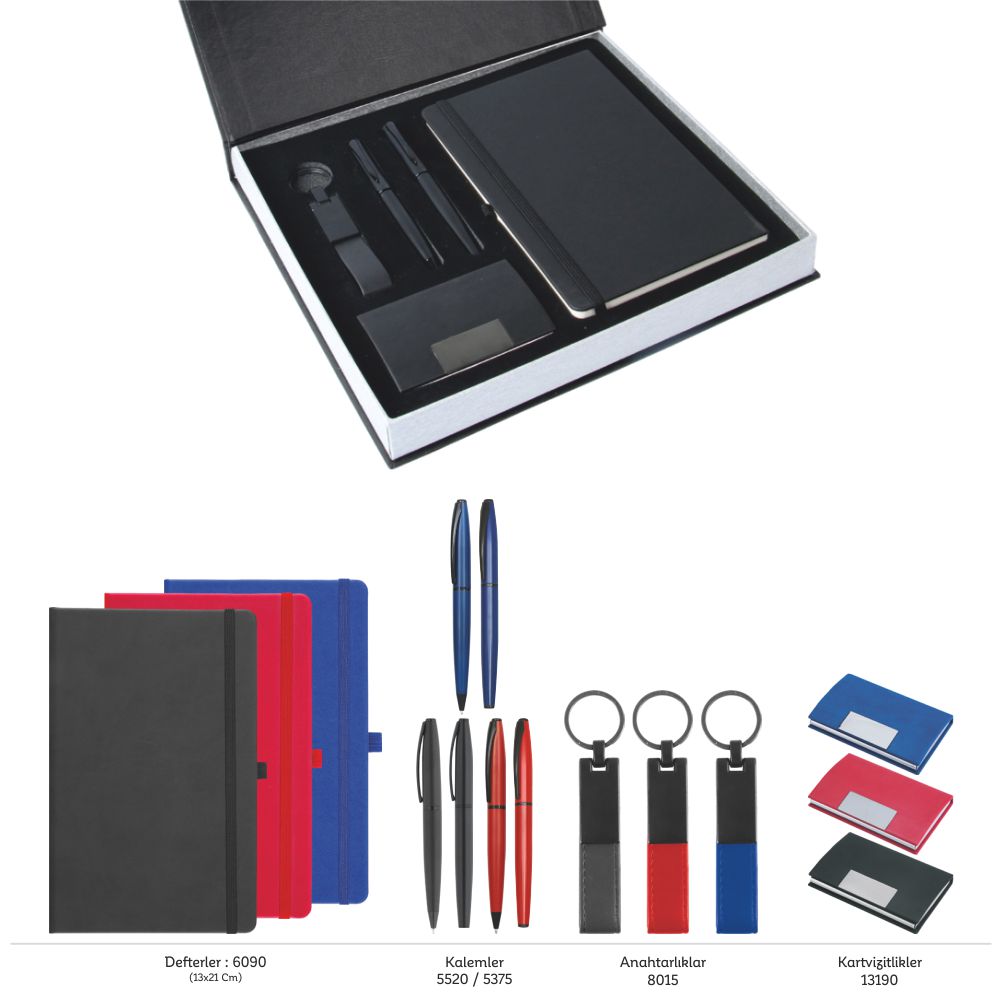 Promosyon Tarihsiz Defter + Roller ve Metal Kalem + Kartvizitlik + Anahtarlık Kutulu Hediyelik Set GT01007