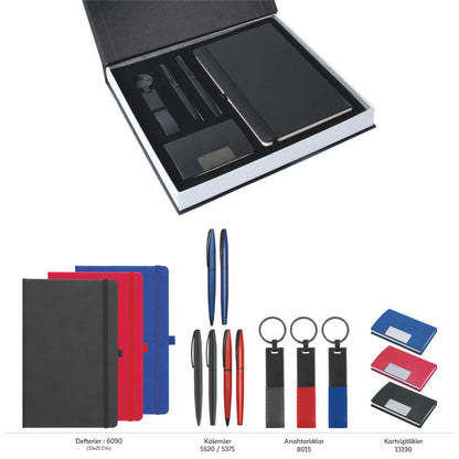Promosyon Tarihsiz Defter + Roller ve Metal Kalem + Kartvizitlik + Anahtarlık Kutulu Hediyelik Set GT01007
