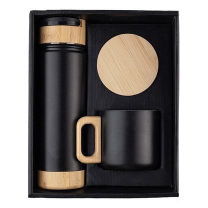 Promosyon 550 ml Paslanmaz Çelik Bambu Detaylı Termos Kupa Seti DW01064 · DW01064-01