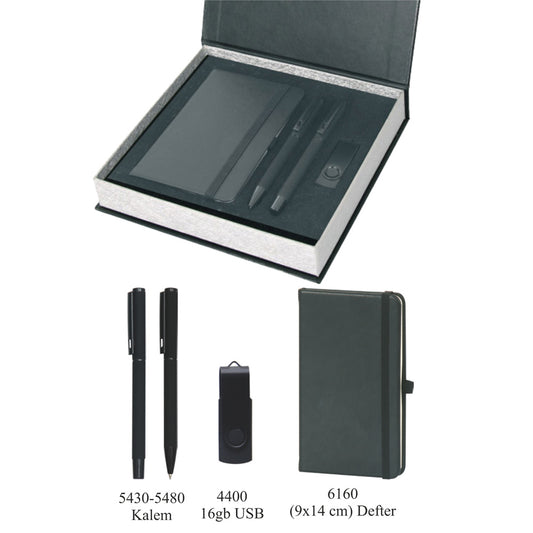 Promosyon Tarihsiz Defter + Roller Kalem + USB Bellek Kutulu Hediyelik Set GT01005