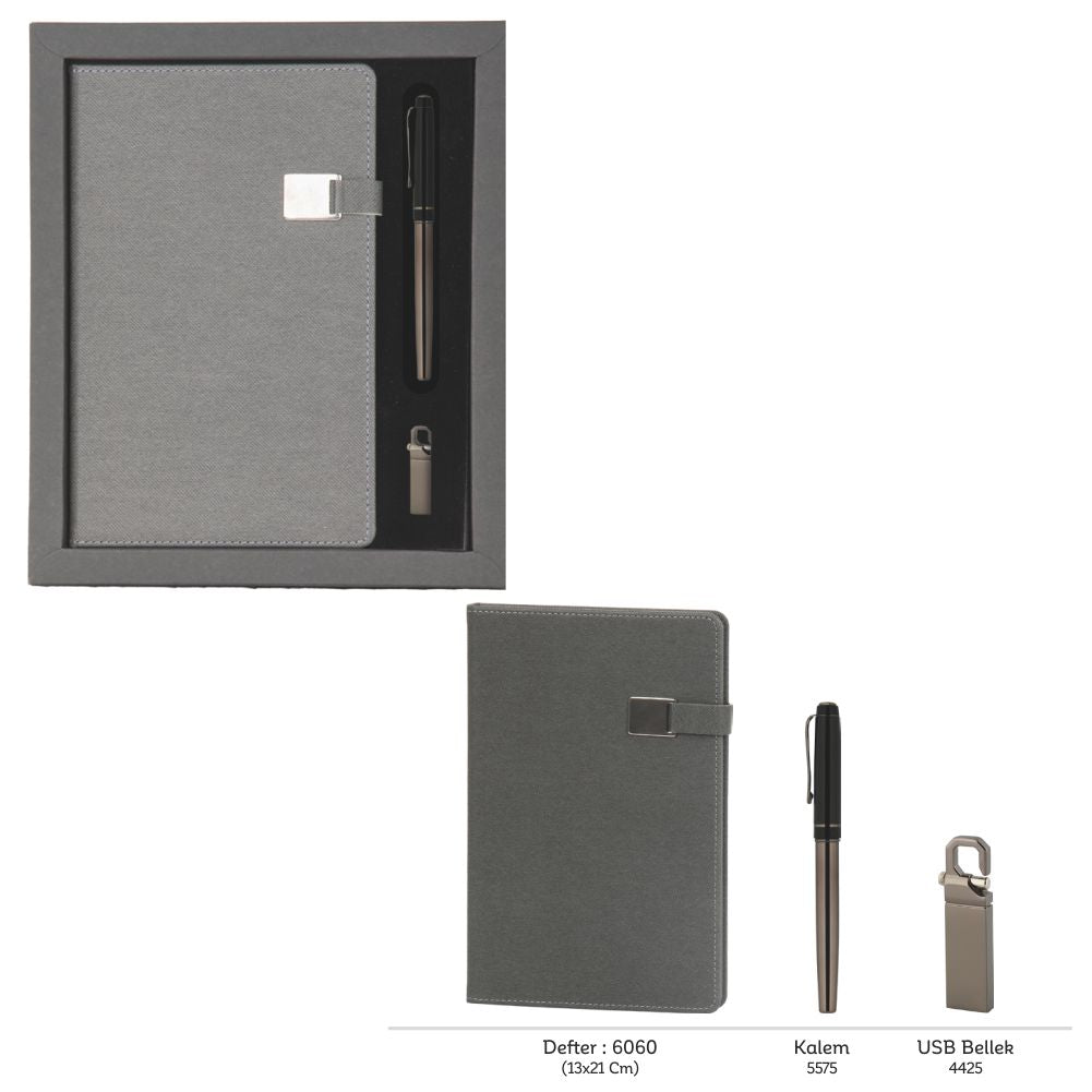 Promosyon Tarihsiz Defter + Roller Kalem + USB Bellek Kutulu Hediyelik Set GT01006