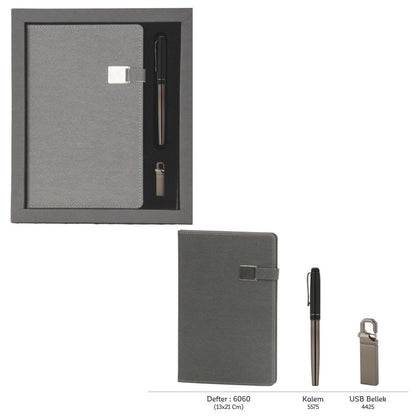 Promosyon Tarihsiz Defter + Roller Kalem + USB Bellek Kutulu Hediyelik Set GT01006
