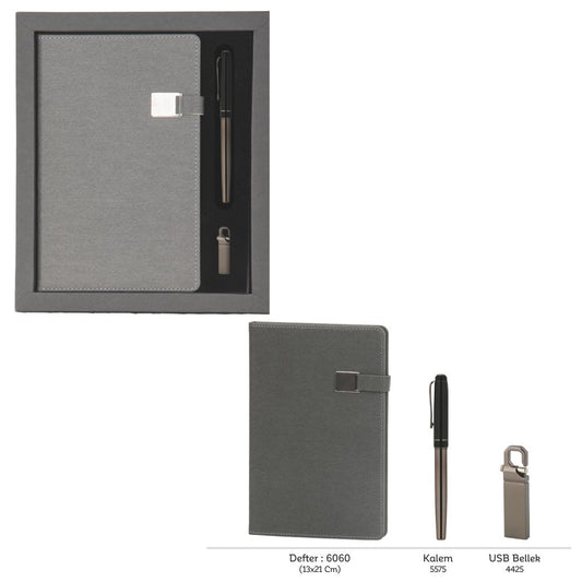 Promosyon Tarihsiz Defter + Roller Kalem + USB Bellek Kutulu Hediyelik Set GT01006