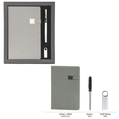 Promosyon Tarihsiz Defter + Roller Kalem + USB Bellek Kutulu Hediyelik Set GT01006