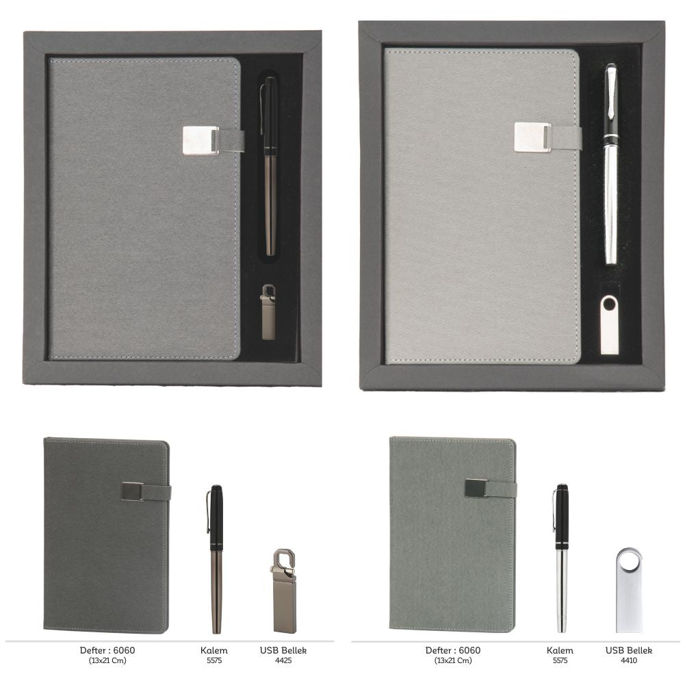 Promosyon Tarihsiz Defter + Roller Kalem + USB Bellek Kutulu Hediyelik Set GT01006