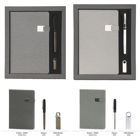 Promosyon Tarihsiz Defter + Roller Kalem + USB Bellek Kutulu Hediyelik Set GT01006
