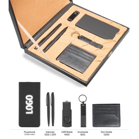 Promosyon Deri Kartlık + Roller ve Metal Kalem + Powerbank + USB Bellek +  Anahtarlık Kutulu Hediyelik Set GT01009