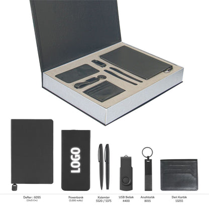 Promosyon Tarihsiz Defter + Deri Kartlık + Roller ve Metal Kalem + Powerbank + USB Bellek +  Anahtarlık Kutulu Hediyelik Set GT01010