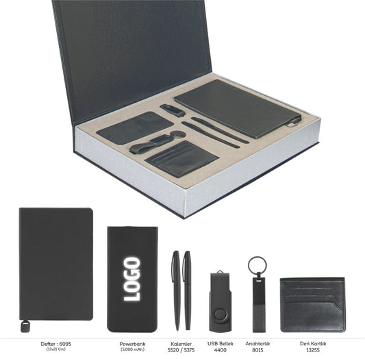 Promosyon Tarihsiz Defter + Deri Kartlık + Roller ve Metal Kalem + Powerbank + USB Bellek +  Anahtarlık Kutulu Hediyelik Set GT01010