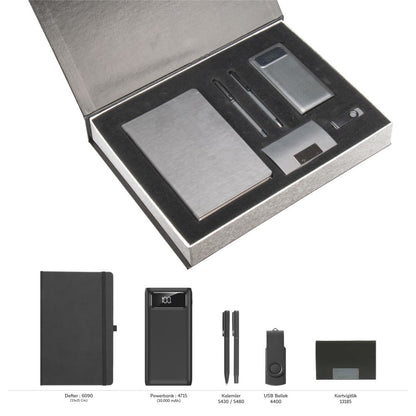Promosyon Tarihsiz Defter + Kartvizitlik + Roller ve Metal Kalem + Powerbank + USB Bellek  Kutulu Hediyelik Set GT01011