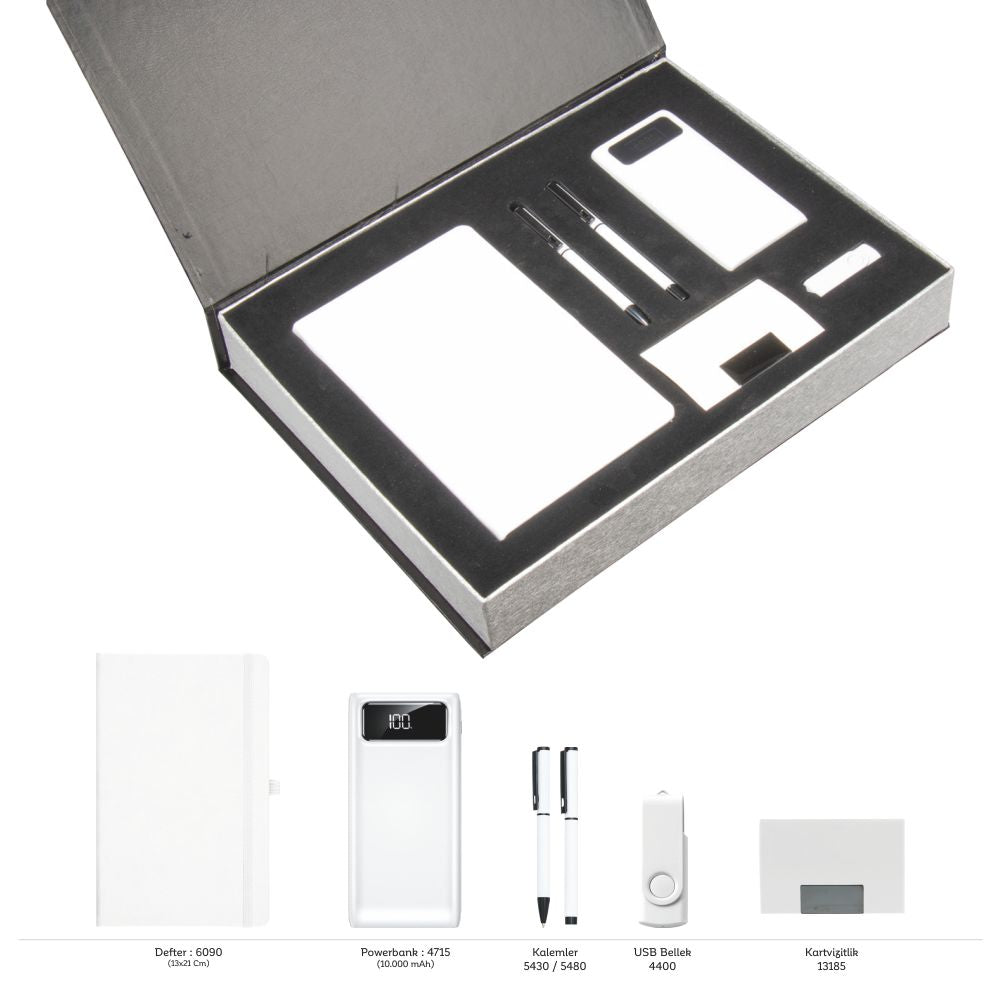 Promosyon Tarihsiz Defter + Kartvizitlik + Roller ve Metal Kalem + Powerbank + USB Bellek  Kutulu Hediyelik Set GT01011