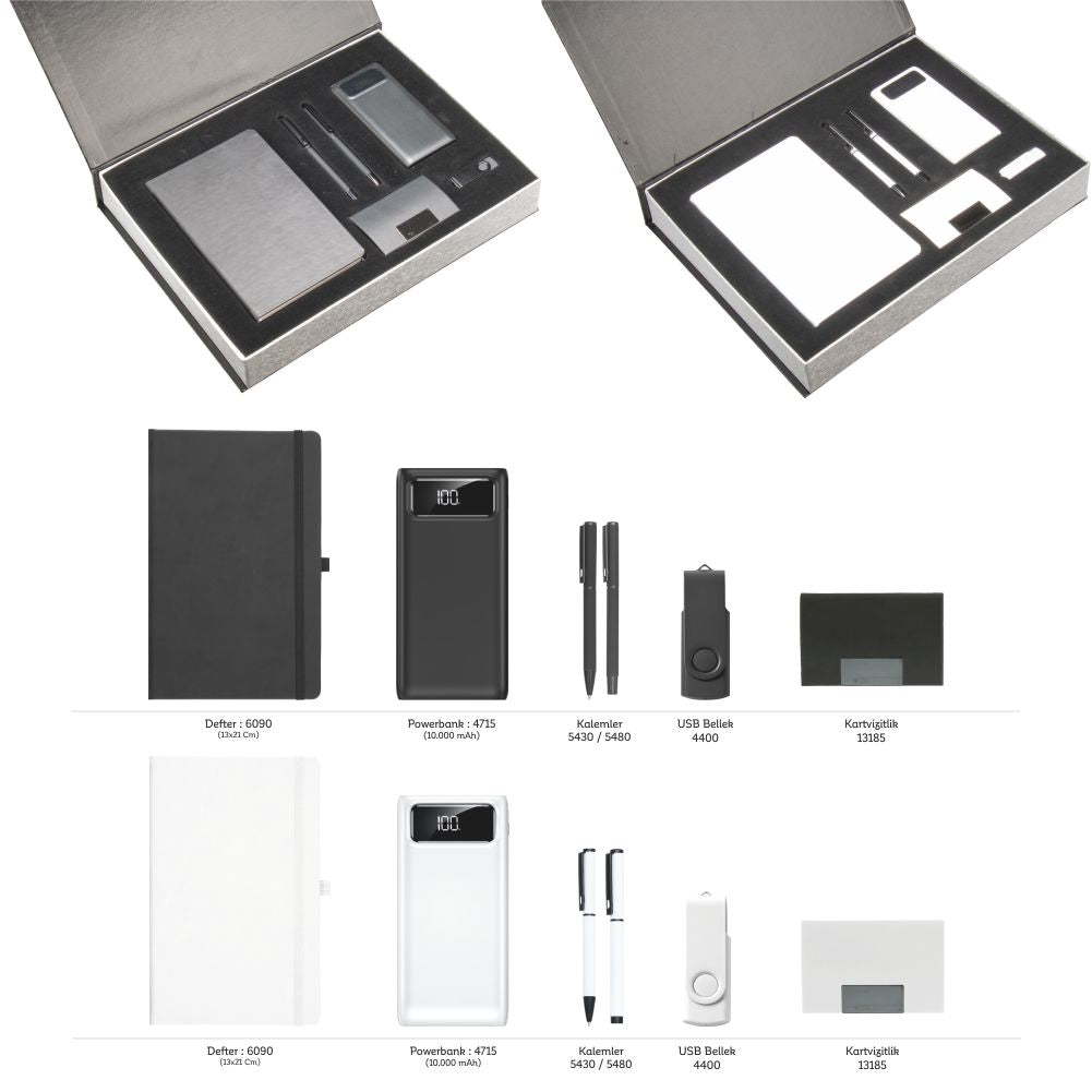 Promosyon Tarihsiz Defter + Kartvizitlik + Roller ve Metal Kalem + Powerbank + USB Bellek  Kutulu Hediyelik Set GT01011