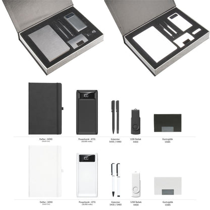 Promosyon Tarihsiz Defter + Kartvizitlik + Roller ve Metal Kalem + Powerbank + USB Bellek  Kutulu Hediyelik Set GT01011