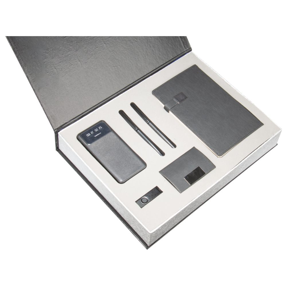 Promosyon Tarihsiz Defter + Kartvizitlik + Roller ve Metal Kalem + Powerbank + USB Bellek +  Anahtarlık Kutulu Hediyelik Set GT01012