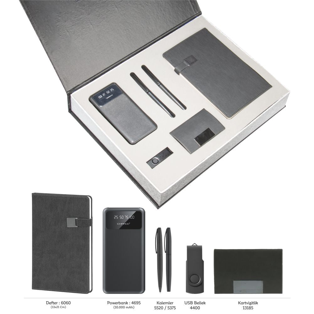 Promosyon Tarihsiz Defter + Kartvizitlik + Roller ve Metal Kalem + Powerbank + USB Bellek +  Anahtarlık Kutulu Hediyelik Set GT01012