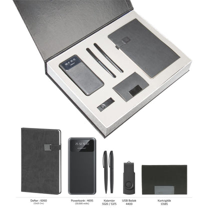 Promosyon Tarihsiz Defter + Kartvizitlik + Roller ve Metal Kalem + Powerbank + USB Bellek +  Anahtarlık Kutulu Hediyelik Set GT01012