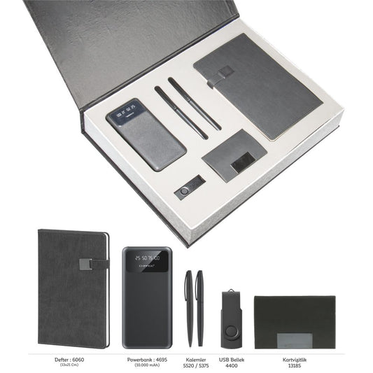 Promosyon Tarihsiz Defter + Kartvizitlik + Roller ve Metal Kalem + Powerbank + USB Bellek +  Anahtarlık Kutulu Hediyelik Set GT01012