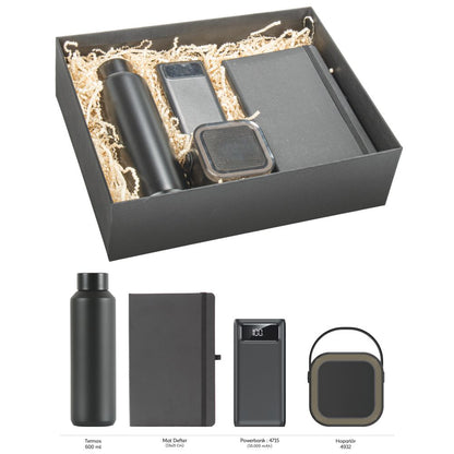 Promosyon Tarihsiz Defter + Termos + Bluetooth Hoparlör + Powerbank Kutulu Hediyelik Set GT01013