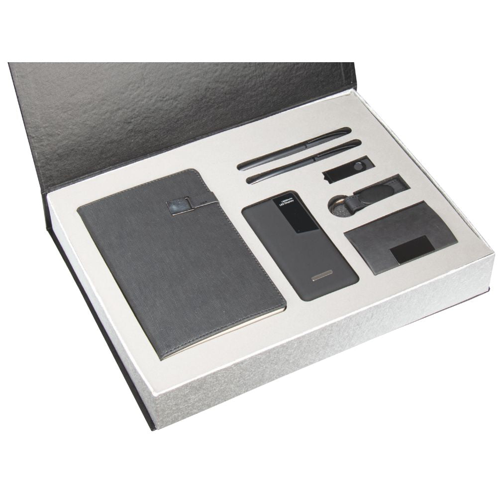 Promosyon Tarihsiz Defter +  Kartvizitlik + Roller ve Metal Kalem + Powerbank + USB Bellek +  Anahtarlık Kutulu Hediyelik Set GT01014