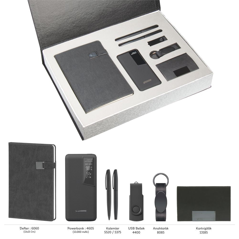 Promosyon Tarihsiz Defter +  Kartvizitlik + Roller ve Metal Kalem + Powerbank + USB Bellek +  Anahtarlık Kutulu Hediyelik Set GT01014