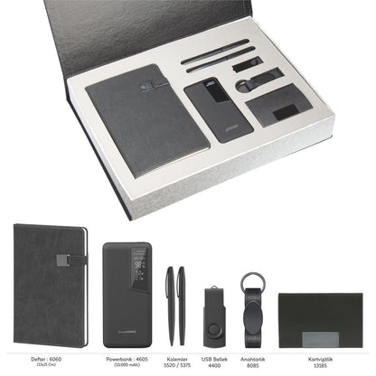 Promosyon Tarihsiz Defter +  Kartvizitlik + Roller ve Metal Kalem + Powerbank + USB Bellek +  Anahtarlık Kutulu Hediyelik Set GT01014
