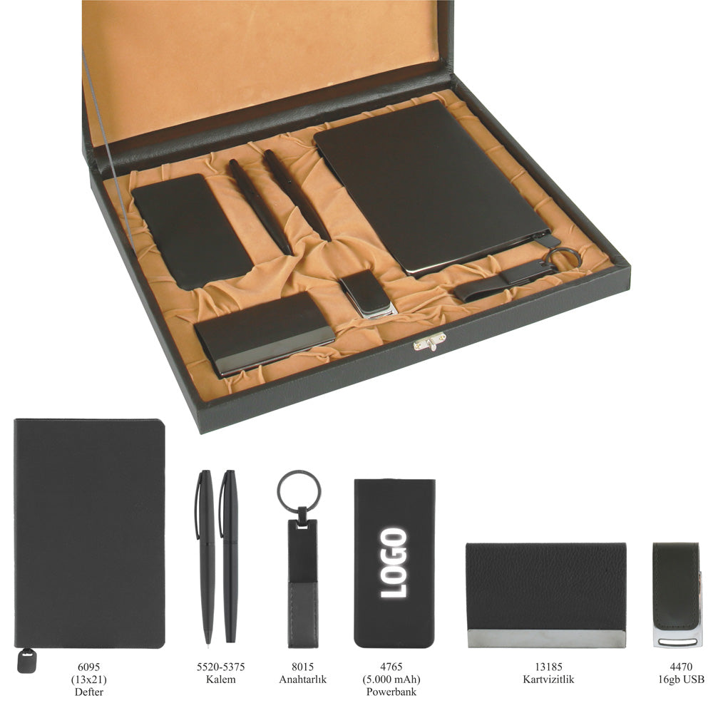 Promosyon Tarihsiz Defter +  Kartvizitlik + Roller ve Metal Kalem + Powerbank + USB Bellek +  Anahtarlık Kutulu Hediyelik Set GT01015