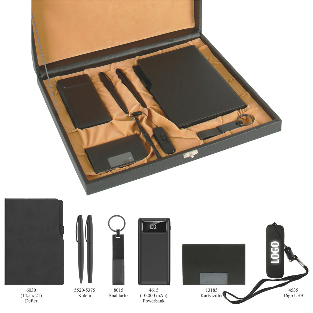 Promosyon Tarihsiz Defter +  Kartvizitlik + Roller ve Metal Kalem + Powerbank + USB Bellek +  Anahtarlık Kutulu Hediyelik Set GT01018