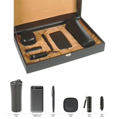 Promosyon Termos + Metal Kalem + Bluetooth Hoparlör + Powerbank + Fener + Fonksiyonlu Çakı Kutulu Hediyelik Set GT01020