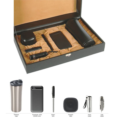 Promosyon Termos + Metal Kalem + Bluetooth Hoparlör + Powerbank + Fener + Fonksiyonlu Çakı Kutulu Hediyelik Set GT01020