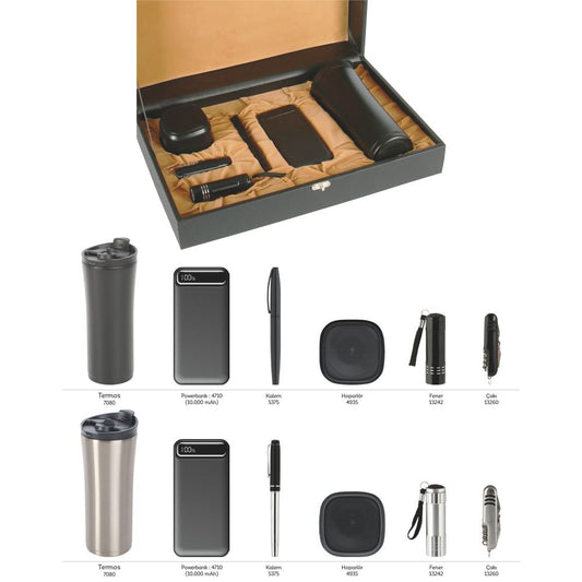 Promosyon Termos + Metal Kalem + Bluetooth Hoparlör + Powerbank + Fener + Fonksiyonlu Çakı Kutulu Hediyelik Set GT01020