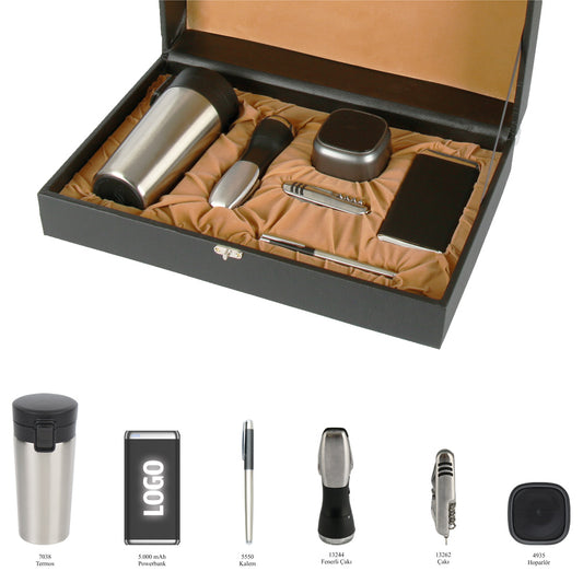 Promosyon Termos + Roller Kalem + Bluetooth Hoparlör + Powerbank + Fenerli Çakı + Çakı Bellek Kutulu Hediyelik Set GT01021