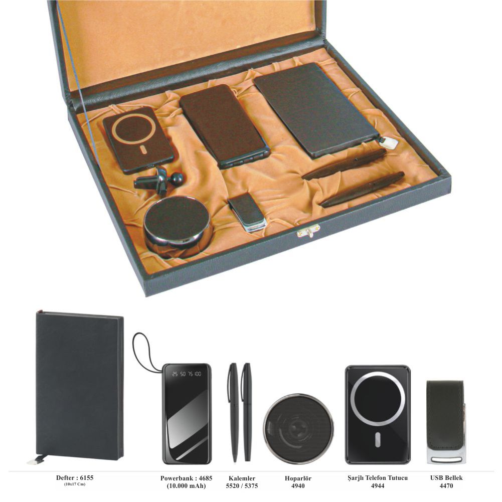 Promosyon Tarihsiz Defter + Roller ve Metal Kalem + Bluetooth Hoparlör + Powerbank + Magsafe Tutuculu Şarj + Usb Bellek Kutulu Hediyelik Set GT01022