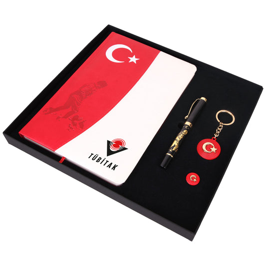 Tarihsiz Defter + Roller Kalem + Anahtarlık + Yaka Rozeti Kutulu Ata Set GT01026 · GT01026-01