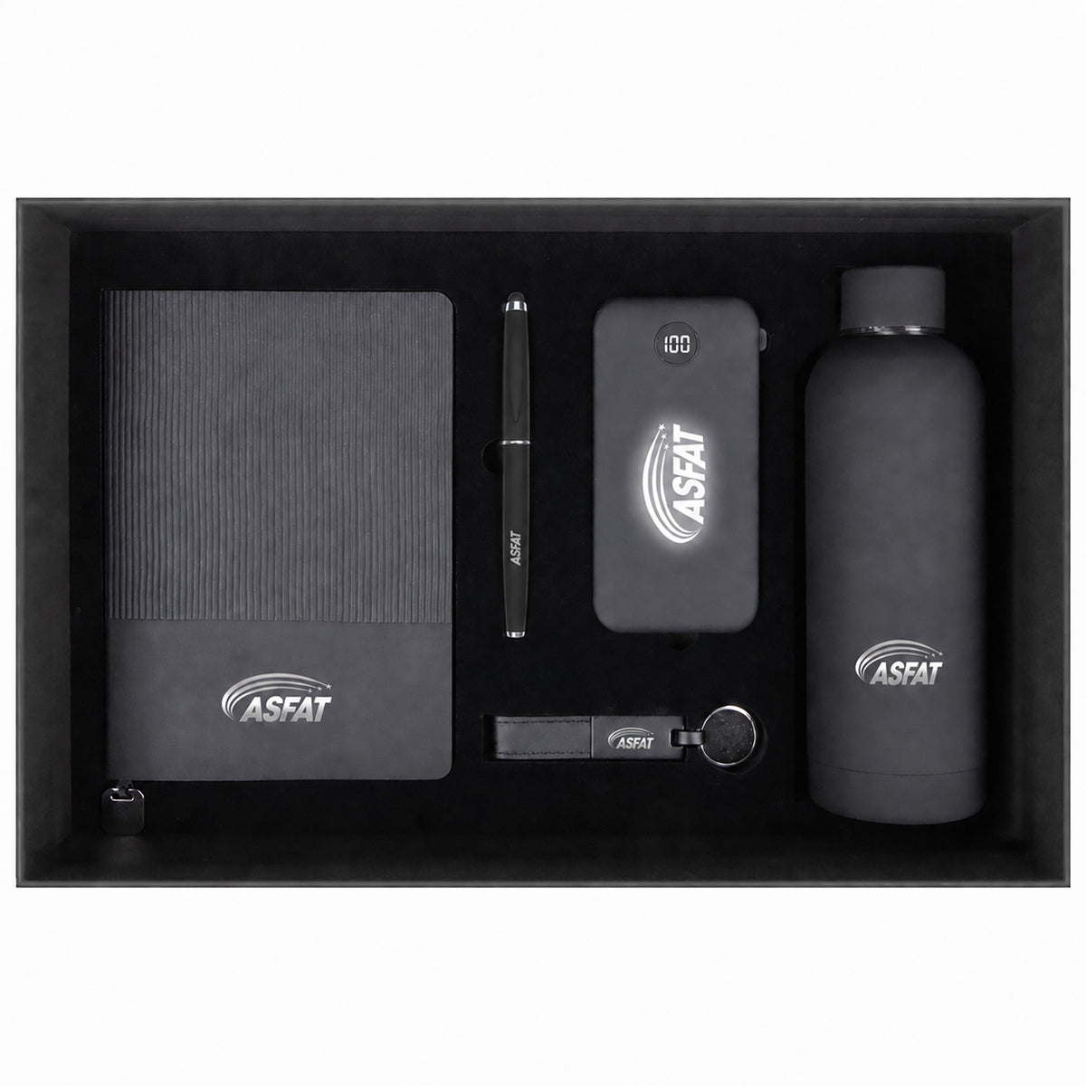 Promosyon Tarihsiz Defter + Roller Kalem + Powerbank + Termos + Deri Anahtarlık Kutulu Hediyelik Set GT01029 · GT01029-01