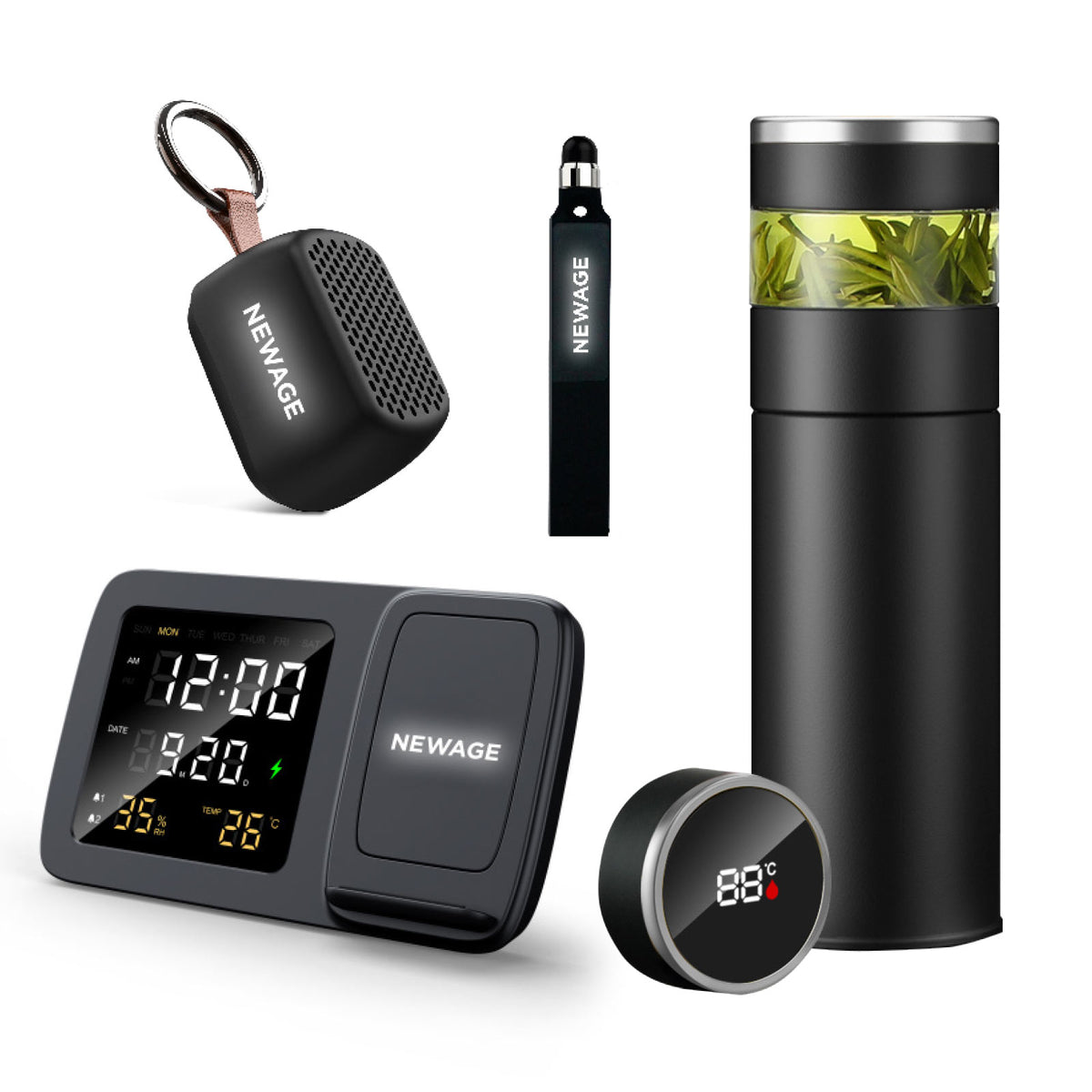 Promosyon Masaüstü Saatli Şarj Standı + Dijital Termos + Bluetooth Hoparlör + USB Bellek Kutulu Hediyelik Set GT01030 · GT01030-02