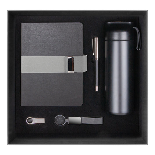 Promosyon Tarihsiz Defter + Roller Kalem + USB Bellek + Termos + Deri Anahtarlık Kutulu Hediyelik Set GT01031 · GT01031-01
