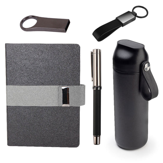 Promosyon Tarihsiz Defter + Roller Kalem + USB Bellek + Termos + Deri Anahtarlık Kutulu Hediyelik Set GT01031 · GT01031-02