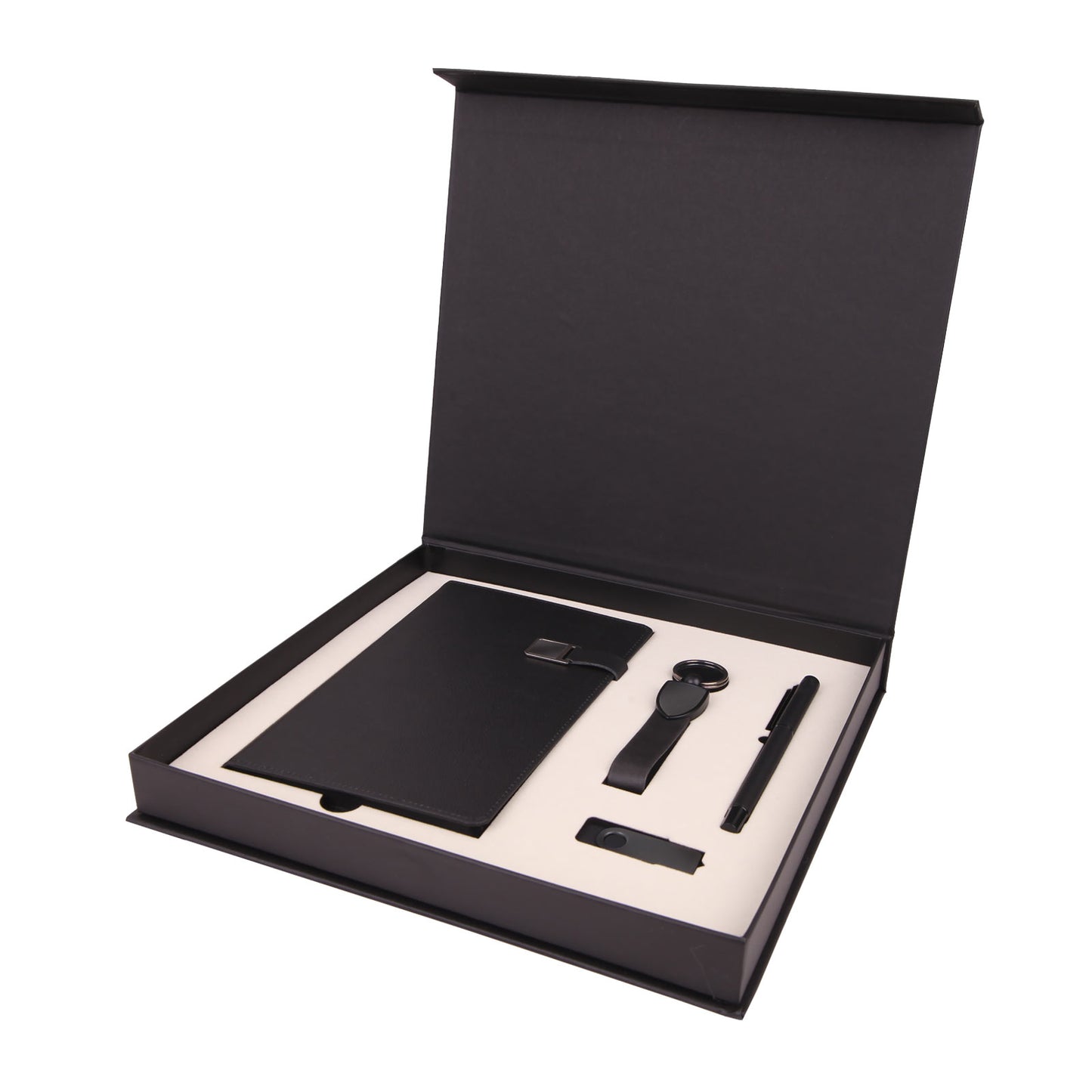 Promosyon Tarihsiz Defter + Roller Kalem + USB Bellek + Deri Anahtarlık Kutulu Hediyelik Set GT01033 · GT01033-01