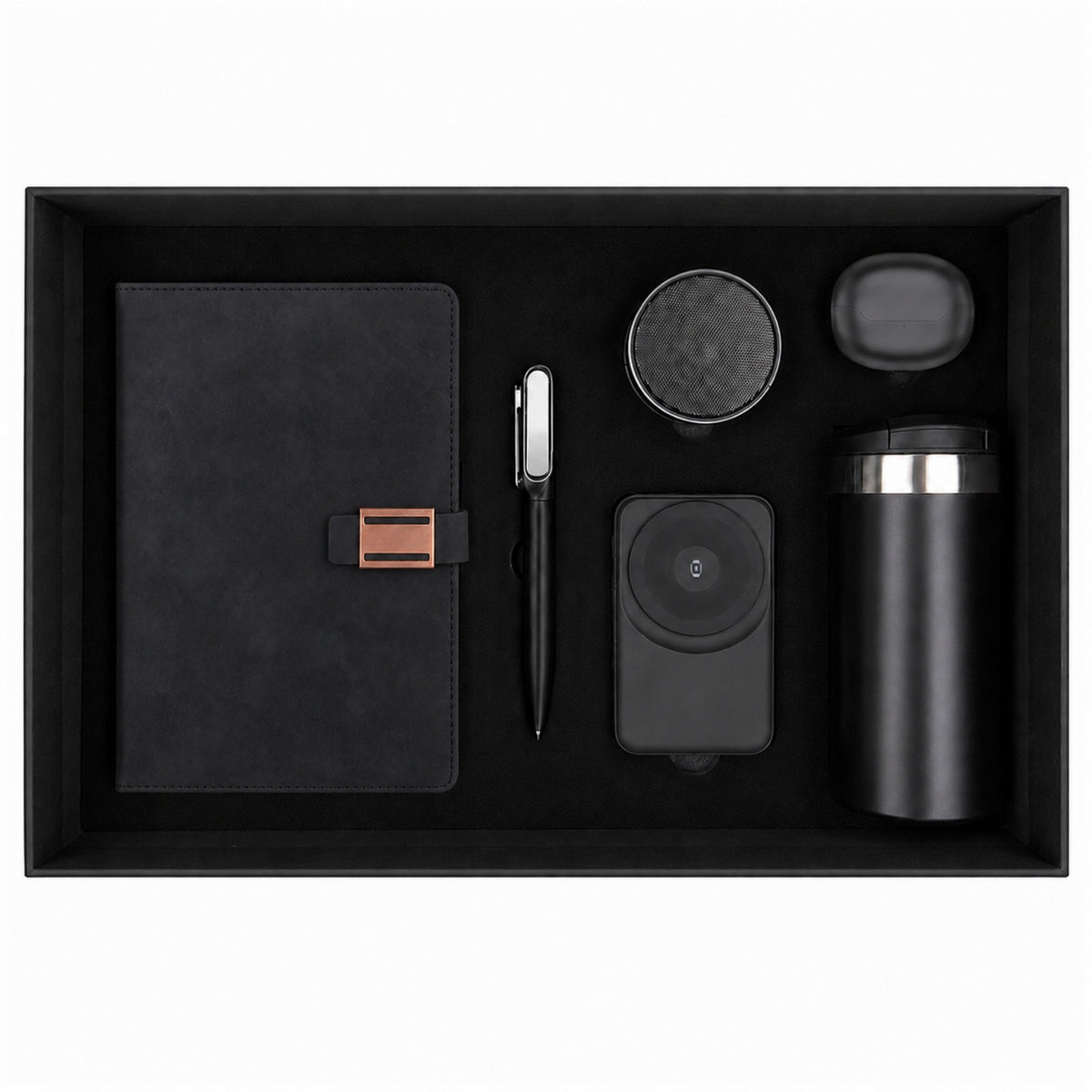 Promosyon Tarihsiz Defter + Termos + Magsafe Powerbank + Bluetooth Hoparlör + Bluetooth Kulaklık +Metal Tükenmez Kalem Kutulu Hediyelik Set GT01044 · GT01044-01