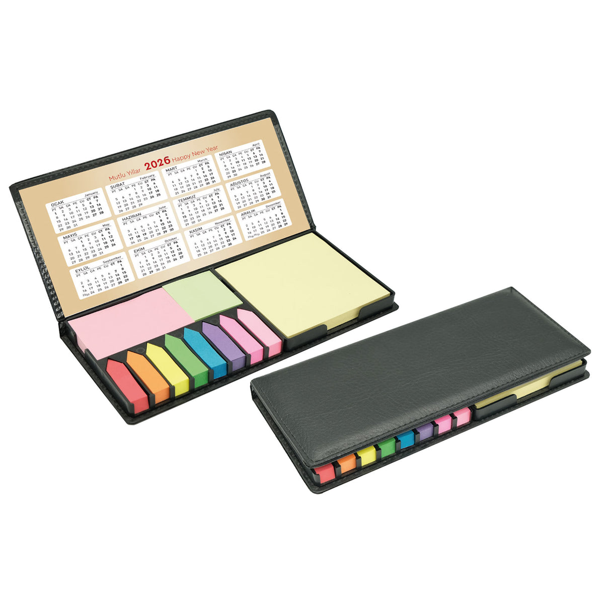 Promosyon Geri Dönüşümlü Deri Kapak Takvimli Yapışkanlı Notluk (10,5x23cm) RC01016 · RC01016-01